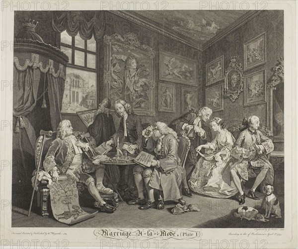 Plate One, from Marriage à la Mode, 1745, Gérard Scotin II (French, 1698-1755), after WIlliam Hogarth (English, 1697-1764), France, Etching and engraving in black on ivory laid paper, 353 × 440 mm (image), 384 × 465 mm (plate), 402 × 480 mm (sheet)