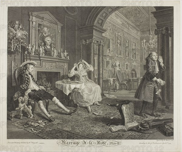 Plate Two, from Marriage à la Mode, 1745, Bernard Baron (French, 1696-1762), after William Hogarth (English, 1697-1764), France, Etching and engraving in black with  traces of pen and black ink on ivory laid paper, 355 × 443 mm (image), 385 × 464 mm (plate), 404 × 480 mm (sheet)