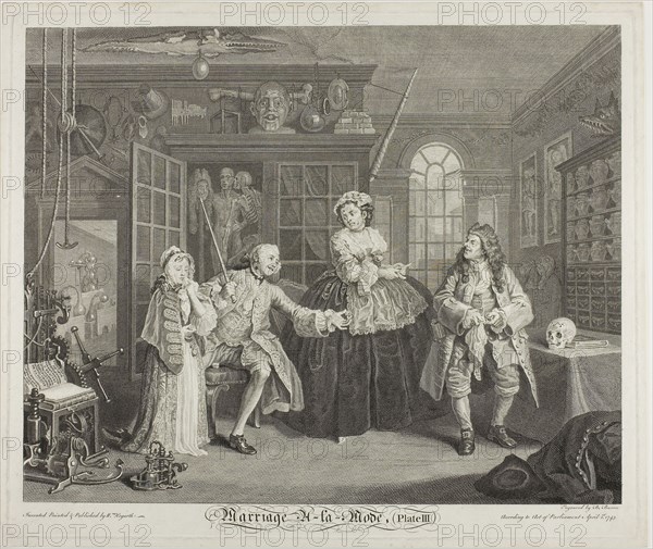 Plate Three, from Marriage à la Mode, 1746, Bernard Baron (French, 1696-1762), after William Hogarth (English, 1697-1764), France, Etching and engraving in black on ivory laid paper, 354 × 443 mm (image), 388 × 466 mm (plate), 401 × 480 mm (sheet)