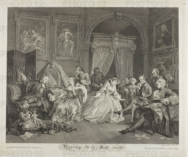 Plate Four, from Marriage à la Mode, 1745, Simon Francis Ravenet (French, 1706 or 1721-1774), after William Hogarth (English, 1697-1764), France, Etching and engraving in black on ivory laid paper, 354 × 445 mm (image), 387 × 465 mm (plate), 405 × 480 mm (sheet)