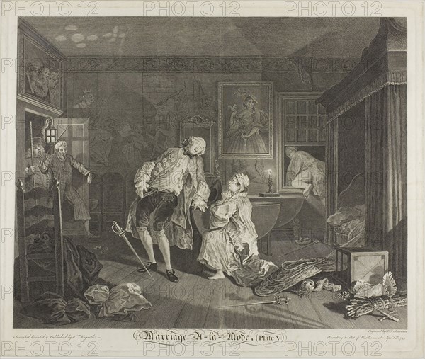 Plate Five, from Marriage à la Mode, 1745, Simon Francis Ravenet (French, 1706 or 1721-1774), after William Hogarth (English, 1697-1764), France, Etching and engraving in black on ivory laid paper, 354 × 444 mm (image), 387 × 467 mm (plate), 405 × 480 mm (sheet)