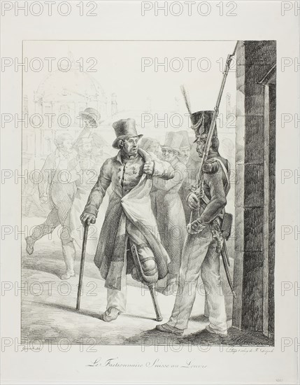 Swiss Sentry at the Louvre, 1819, Jean Louis André Théodore Géricault, French, 1791-1824, France, Lithograph on ivory wove paper (discolored to cream), 397 × 330 mm (image), 491 × 387 mm (sheet)