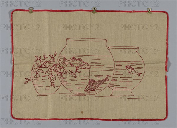 Splash Cloth, c. 1872, United States, Linen, warp-float-faced 'S' twill weave, embroidered with cotton in stem and long and short stitches, edged with wool braid, applied metal alloy hanging rings, 47 x 63 cm (18 1/2 x 24 7/8 in.)