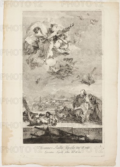 Saint Thecla Praying for the End of the Plague in the City of Este, after 1759, Lorenzo Tiepolo (Italian, 1736-1776), after Giovanni Battista Tiepolo (Italian, 1696-1770), Italy, Etching on ivory laid paper, 630 x 377 mm (image), 703 x 400 mm (plate), 783 x 547 mm (sheet)