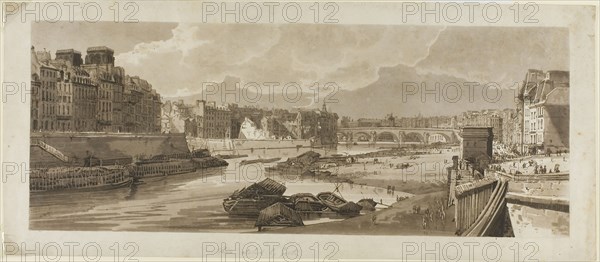 View of the City with the Louvre, etc., taken from Pont Marie, from A Selection of Twenty of the Most Picturesque Views in Paris, 1802, Thomas Girtin, English, 1775-1802, United Kingdom, Soft ground etching, with aquatint, printed in black and gray inks, on cream wove paper, 185 x 474 mm (image/plate), 223 x 520 mm (sheet)