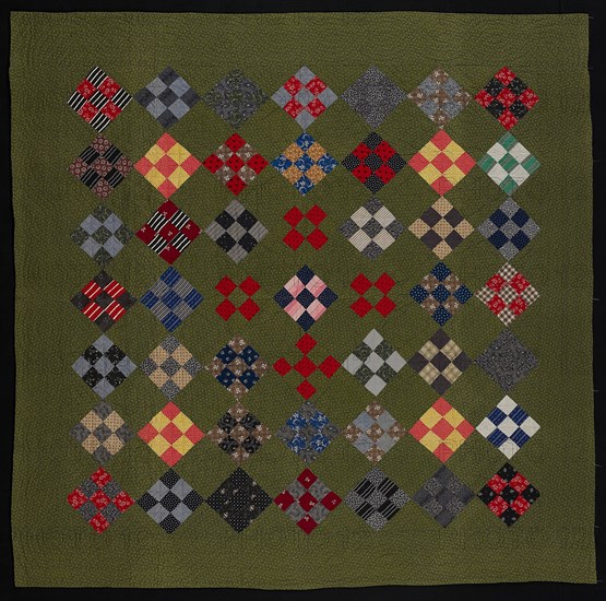 Bedcover (Nine Patch Quilt), late 19th century, United States, Cotton, plain weaves, printed, pieced, quilted, backed with cotton, plain weave, printed, 199.4 x 200.3 cm (78 ½ x 78 7/8 in.)