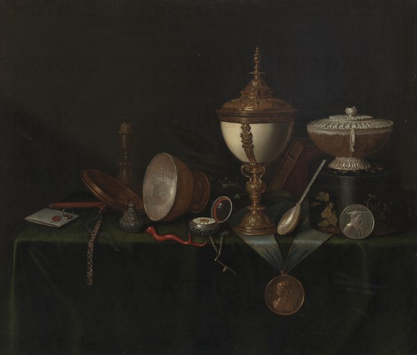 Still Life with Ostrich Egg Cup and the Whitfield Heirlooms, c. 1670, Pieter Gerritsz. van Roestraeten, Dutch, 1630-1700, Netherlands, Oil on canvas, 65.4 × 75.6 cm (25 3/4 × 29 3/4 in.)