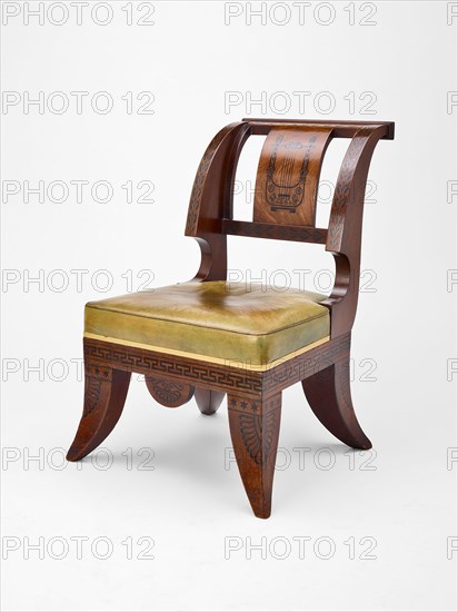Chair, 1802/10, After a design published by Thomas Hope, English, born Netherlands, 1769–1831, England, Mahogany, ebony, beech, and leather upholstery, 87 × 64 × 72 cm (34 1/4 × 25 3/16 × 28 3/8 in.)