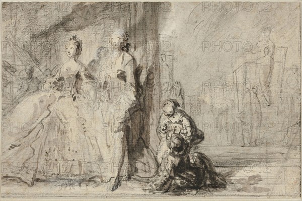 The Promenade on the Boulevard, c. 1760, Gabriel Jacques de Saint-Aubin, French, 1724-1780, France, Black chalk, with brush and black, brown and gray wash, heightened with white gouache, on cream laid paper, 151 × 229 mm