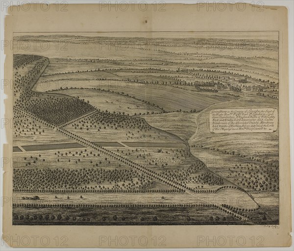 Grimthorp in the County of Lincoln, plate 23 from Britannia Illustrata, published 1707, Jan Kip (Dutch, c. 1653-1722), after Leonard Knyff (Dutch, 1650-1721), published by David Mortier (French, 1673-1728), Netherlands, Etching, with engraving, in black on cream laid paper, 347 x 476 mm (image), 360 x 490 mm (plate), 440 x 516 mm (sheet)