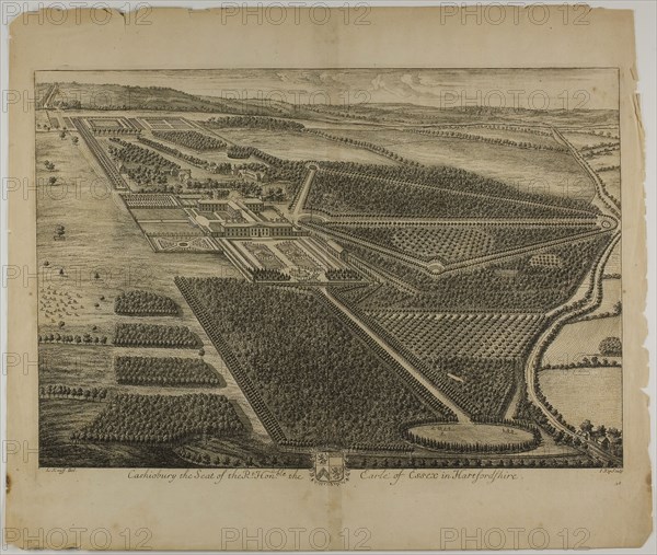 Cashiobury, plate 28 from Britannia Illustrata, published 1707, Jan Kip (Dutch, c. 1653-1722), after Leonard Knyff (Dutch, 1650-1721), published by David Mortier (French, 1673-1728), Netherlands, Etching, with engraving, in black on cream laid paper, 323 x 472 mm (image), 348 x 479 mm (plate), 440 x 520 mm (sheet)
