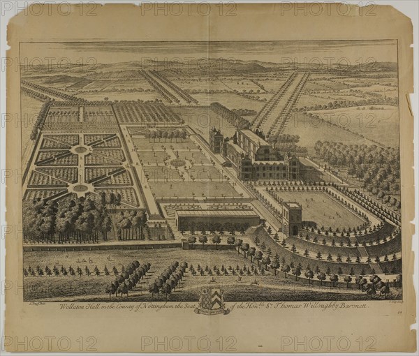 Wollaton Hall in the County of Nottingham, plate 68 from Britannia Illustrata, published 1707, Jan Kip (Dutch, c. 1653-1722), after Leonard Knyff (Dutch, 1650-1721), published by David Mortier (French, 1673-1728), Netherlands, Etching, with engraving, in black on cream laid paper, 326 x 474 mm (image), 352 x 483 mm (plate), 439 x 514 mm (sheet)