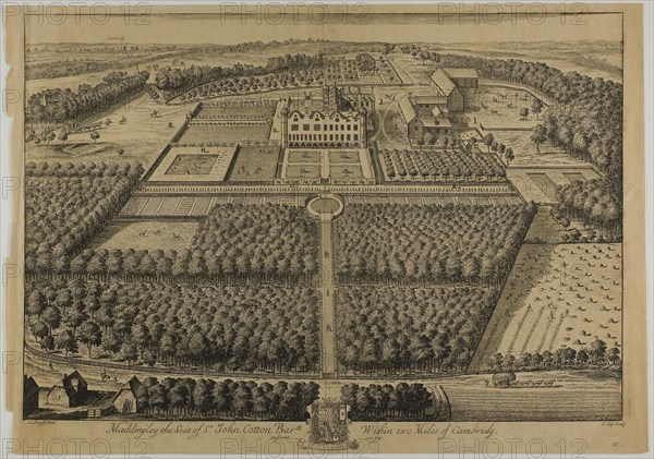 Maddingley, plate 57 from Britannia Illustrata, published 1707, Jan Kip (Dutch, c. 1653-1722), after Leonard Knyff (Dutch, 1650-1721), published by David Mortier (French, 1673-1728), Netherlands, Etching, with engraving, in black on cream laid paper, 322 x 475 mm (image), 351 x 480 mm (plate), 356 x 508 mm (sheet)