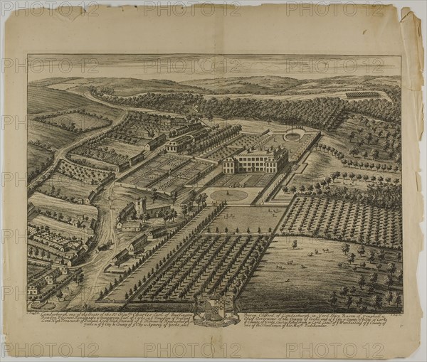 Londesburgh, plate 31 from Britannia Illustrata, published 1707, Jan Kip (Dutch, c. 1653-1722), after Leonard Knyff (Dutch, 1650-1721), published by David Mortier (French, 1673-1728), Netherlands, Etching, with engraving, in black on cream laid paper, 323 x 469 mm (image), 349 x 480 mm (plate), 444 x 525 mm (sheet)