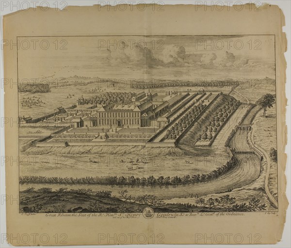 Great Ribston, plate 61 from Britannia Illustrata, published 1707, Jan Kip (Dutch, c. 1653-1722), after Leonard Knyff (Dutch, 1650-1721), published by David Mortier (French, 1673-1728), Netherlands, Etching and engraving in black on cream laid paper, 326 x 475 mm (image), 345 x 489 mm (plate), 442 x 520 mm (sheet)