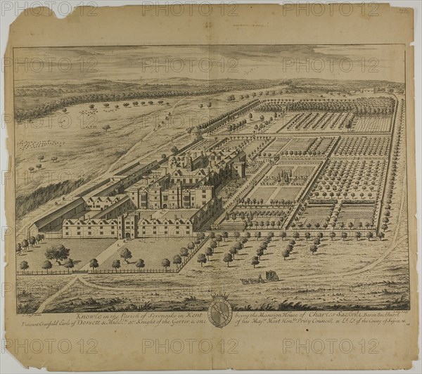 Knowle in the Parish of Sevenoaks in Kent, plate 24 from Britannia Illustrata, published 1707, Jan Kip (Dutch, c. 1653-1722), after Leonard Knyff (Dutch, 1650-1721), published by David Mortier (French, 1673-1728), Netherlands, Etching and engraving in black on cream laid paper, 324 x 475 mm (image), 350 x 485 mm (plate), 444 x 500 mm (sheet)