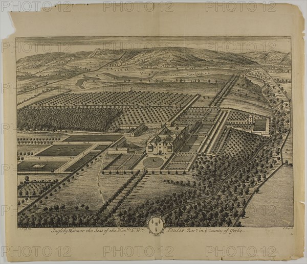 Ingleby Mannor, plate 60 from Britannia Illustrata, published 1707, Jan Kip (Dutch, c. 1653-1722), after Leonard Knyff (Dutch, 1650-1721), published by David Mortier (French, 1673-1728), Netherlands, Etching, with engraving, in black on cream laid paper, 330 x 475 mm (image), 350 x 480 mm (plate), 444 x 520 mm (sheet)