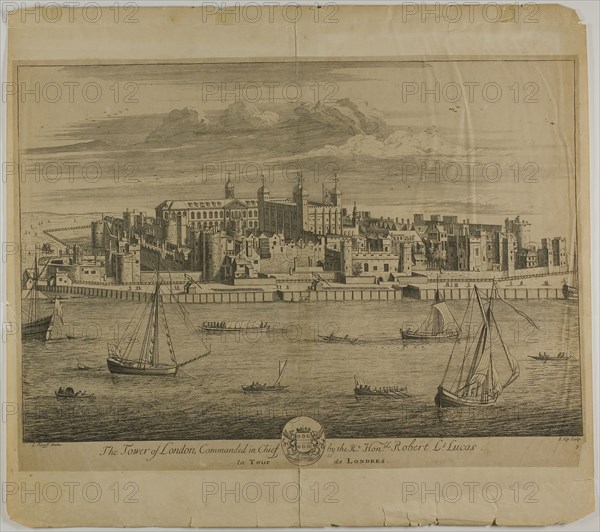 The Tower of London, plate five from Britannia Illustrata, published 1707, Jan Kip (Dutch, c. 1653-1722), after Leonard Knyff (Dutch, 1650-1721), published by David Mortier (French, 1673-1728), Netherlands, Etching in black on buff laid paper, laid down on cream wove paper, 322 x 476 mm (image), 352 x 484 mm (primary support, platemark not visible), 443 x 500 mm (secondary support)