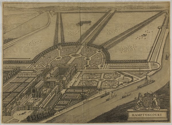 Hampton Court, plate six from Britannia Illustrata, published 1707, Jan Kip (Dutch, c. 1653-1722), after Leonard Knyff (Dutch, 1650-1721), published by David Mortier (French, 1673-1728), Netherlands, Etching, with engraving, in black on tan laid paper, 340 x 476 mm (image, platemark not visible), 349 x 483 mm (sheet)