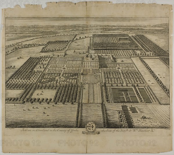 Acklam in Cleveland in the County of Yorke, plate 64 from Britannia Illustrata, published 1707, Jan Kip (Dutch, c. 1653-1722), after Leonard Knyff (Dutch, 1650-1721), published by David Mortier (French, 1673-1728), Netherlands, Etching, with engraving, in black on cream laid paper, 324 x 480 mm (image), 351 x 489 mm (plate), 443 x 500 mm (sheet)