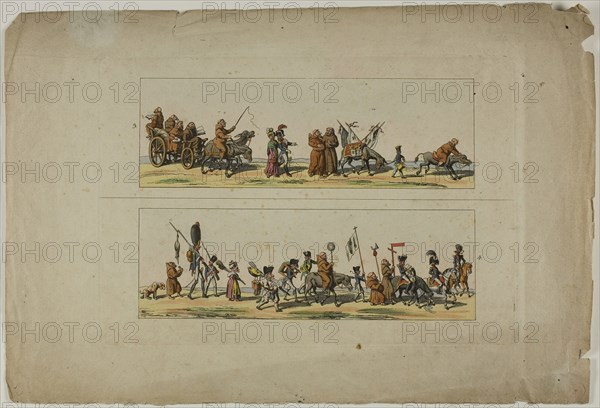 Plates Three and Four, from L’Ouverture de la Campagne des Ultras contre la XIXe siecle, n.d., Unknown Artist, French, 19th century, France, Two etchings, with watercolor, on cream wove paper, 67 × 205 mm (top image), 67 × 206 mm (bottom image), 178 × 206 mm (plate), 246 × 362 mm (sheet)