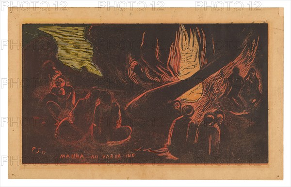 Mahna no varua ino (The Devil Speaks), from the Noa Noa Suite, 1894, Paul Gauguin (French, 1848-1903), printed in collaboration Louis Roy (French, 1862-1907), France, Wood-block print in black ink, with brush and pale orange wash, over stenciled yellow ink and a red ink tone block, on cream wove paper (an imitation Japanese vellum), 205 × 355 mm (image), 251 × 398 mm (sheet)