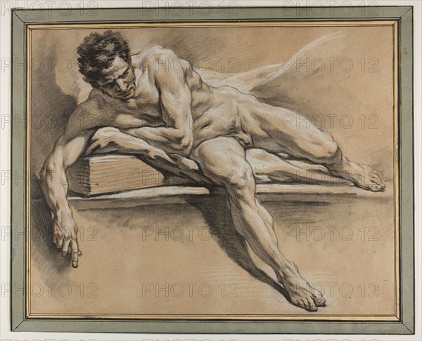 Academic Study of a Reclining Male Nude, c. 1750, François Boucher, French, 1703-1770, France, Black chalk, with stumping and touches of red chalk, heightened with white chalk, on cream laid paper, laid down on cream laid paper, 356 × 448 mm