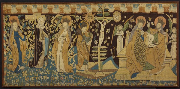 Altar Frontal, c. 1450, Germany, probably Middle Rhine region, Germany, Linen, wool, and gilt- and silvered-metal-strip-wrapped silk, slit and dovetailed tapestry weave, embroidered with silk in back and split stitches, 195.9 x 93.7 cm (77 1/8 x 36 7/8 in.)