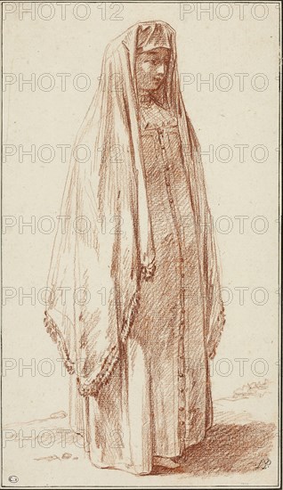 A Woman in Russian Dress, 1780, Jean Baptiste Le Prince, French, 1734-1781, France, Red chalk on cream laid paper, laid down on cream laid paper, 347 × 199 mm (primary support), 472 × 336 (secondary support)