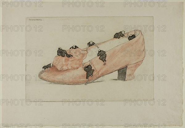 The Assault of the Shoe, 1888, Henri Charles Guérard, French, 1846-1897, France, Etching, with open bite, in light red and black on cream laid paper, 168 × 252 mm (image/plate), 250 × 360 mm (sheet)