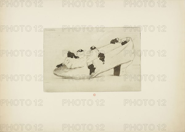 The Assault of the Shoe, 1888, Henri Charles Guérard, French, 1846-1897, France, Etching, with open bite, in black on cream wove paper, 167 × 254 mm (image/plate), 355 × 490 mm (sheet)