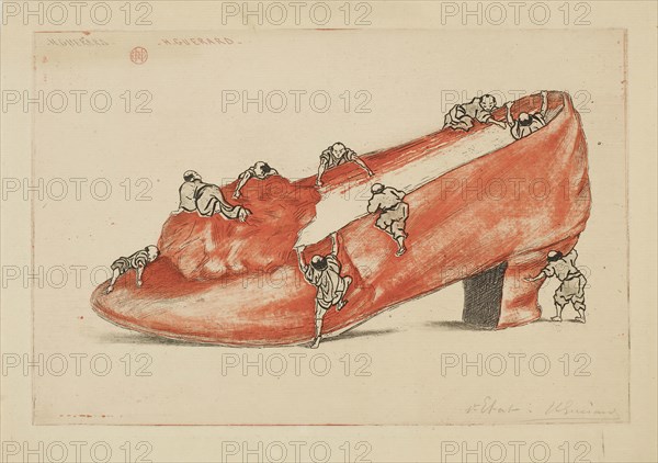 The Assault of the Shoe, 1888, Henri Charles Guérard, French, 1846-1897, France, Etching, with open bite, in light red and black on cream laid paper, 167 × 252 mm (image/plate), 199 × 281 mm (sheet)