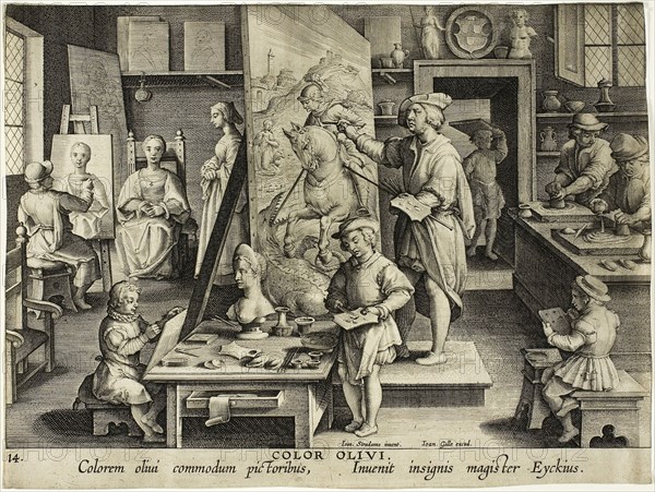 The Invention of Oil Painting, c. 1591, Théodoor Galle (Flemish, 1571-1633), after Joannes Stradanus (Flemish, 1523-1605), Flanders, Engraving, with plate tone, in black on cream laid paper, 203 × 270 mm (image/sheet, trimmed within plate mark)