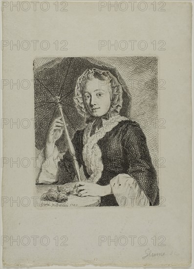 Woman with a Parasol (Mrs. Friedrich Christian Glume, Sister-in-Law of the Artist), 1749, Johann Gottlieb Glume, German, 1711-1778, Germany, Etching in black on cream laid paper, 130 × 108 mm (image/plate), 227 × 165 mm (sheet)