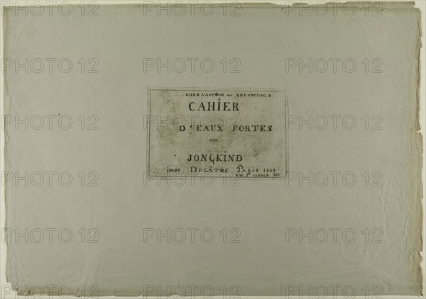 Cover page, from Cahier de six eaux-fortes, vues de Hollande, 1862, Johan Barthold Jongkind, Dutch, 1819-1891, Netherlands, Etching in brownish-black on gray-blue wove paper (discolored to a gray-green), 117 x 180 mm (image/plate), 375 x 535 mm (sheet)