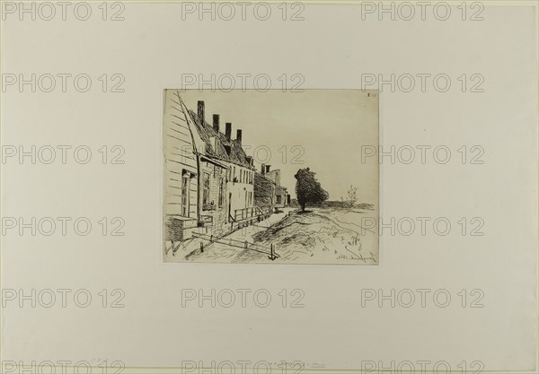 Houses Along the Canal, from Cahier de six eaux-fortes, vues de Hollande, 1862, Johan Barthold Jongkind, Dutch, 1819-1891, Netherlands, Etching in brownish-black on ivory laid paper, 170 x 210 mm (image), 178 x 216 mm (plate), 355 x 520 mm (sheet)