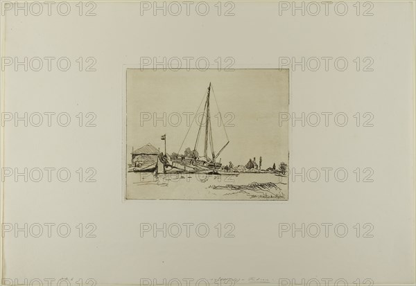 The Moored Boat, from Cahier de six eaux-fortes, vues de Hollande, 1862, Johan Barthold Jongkind, Dutch, 1819-1891, Netherlands, Etching in brownish-black on ivory laid paper, 167 x 206 mm (image), 177 x 215 mm (plate), 359 x 523 mm (sheet)