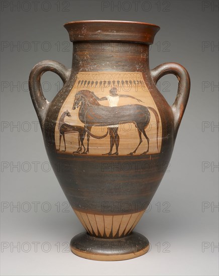 Amphora (Storage Jar), about 530/520 BC, Attributed to the Ivy Leaf Group, Etruscan, Etruria, terracotta, decorated in the black-figure technique, 38.7 × 27.9 cm (15 1/4 × 11 in.), diam. 19.4 cm (7 5/8 in.)