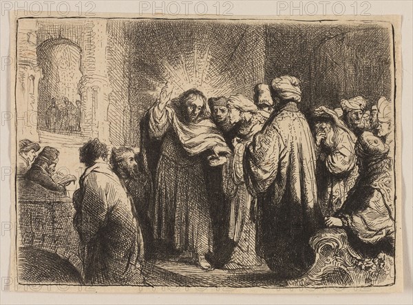 The Tribute Money, c. 1634, Rembrandt van Rijn, Dutch, 1606-1669, Netherlands, Etching in black on ivory laid paper, 72 x 102 mm (image/plate, sight), 76 x 106 mm (sheet, sight), The Palace Doorway, plate 22 from the North Italian Set, 1895, David Young Cameron, Scottish, 1865-1945, Scotland, Etching on ivory laid paper, 240 x 302 mm (image), 248 x 302 mm (sheet, trimmed within plate mark)