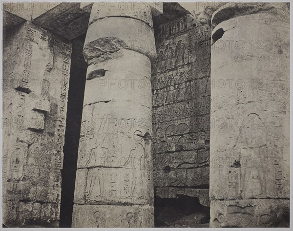 Medinet Habu, Mortuary Temple of Ramses III, Left Wall (Médinet-Habou, Temple funéraire de Ramsès III, paroi gauche, 1854, John Beasly Greene, American, born France, 1832–1856, United States, Salted paper print, 23.3 x 29.8 cm (image/paper), 47.1 x 60.4 cm (mount)