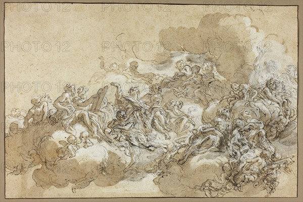 Detail Study for The Assumption of St. Agnes, 1670/90, Giovanni Battista Gaulli, Italian, 1639-1709, Italy, Pen and brown ink, with brush and brown wash, heightened with white gouache, over black chalk, on tan laid paper, 260 x 391 mm
