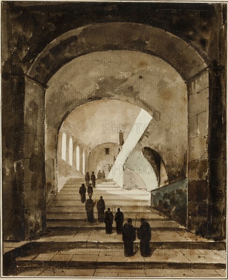 Monks on the Staircase of the Villa of Maecenas at Tivoli, c. 1826, François-Marius Granet, French, 1775-1849, France, Pen and brown ink and brush and brown wash, with touches of watercolor, over traces of graphite, on ivory laid paper, perimeter mounted on cream wove paper, 193 × 157 mm (primary support), 246 × 192 mm (secondary support)