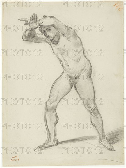 Standing Male Nude, 1843, Jean-Baptiste-Camille Corot, French, 1796-1875, France, Graphite, with stumping, on greenish ivory laid paper, 370 × 274 mm