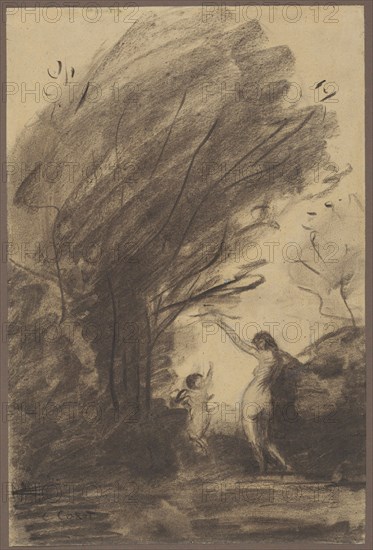 Venus Disarming Cupid, 1852/57, Jean-Baptiste-Camille Corot, French, 1796-1875, France, Charcoal, with stumping, scraping and erasing, heightened with white gouache, on dark cream wove paper with inclusions, 387 × 258 mm