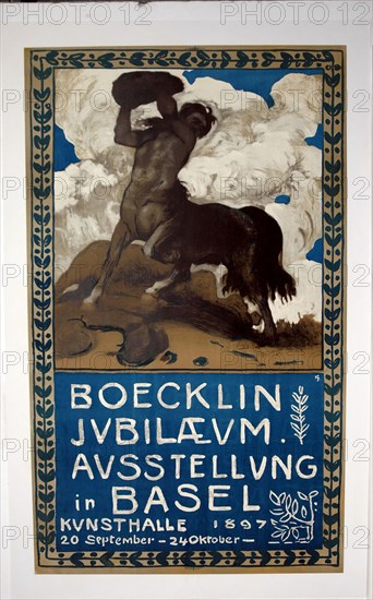 Boecklin Jubilee Exhibition Basel, 1897, Hans Lendorff (Swiss, 1863–1946), text by Hans Sandreuter (Swiss, 1850–1901), Switzerland, Color lithograph on white wove paper, laid down on white wove paper, laid down on canvas, 1006 x 606 mm (image/primary support), 1099 x 691 mm (secondary/tertiary support)