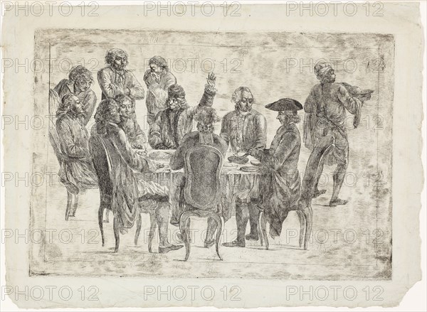 Le Déjeuner de Voltaire à Ferney or Le Souper des Philosophes, c. 1773–75, Unknown Artist, after Jean Huber (Swiss, 1721-1786), Switzerland, Etching in black on bluish gray laid paper, 207 x 315 mm (image), 234 x 344 mm (plate), 290 x 395 mm (sheet), Mars, Venus and Cupid, 1508, Marcantonio Raimondi, Italian, 1470/82-1527/34, Italy, Engraving in black on cream laid paper, 299 x 210 mm (image), 302 x 215 mm (plate), 340 x 250 mm (sheet)