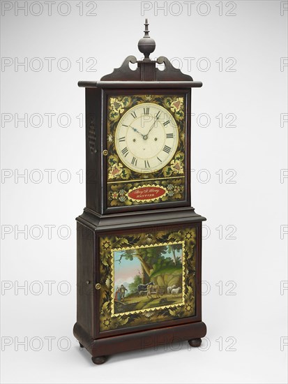 Shelf Clock, c. 1820/40, Benjamin Torrey, American, active c.1817–1843, United States, Mahogany, white pine, iron, brass, painted glass, H.: 36 in.
