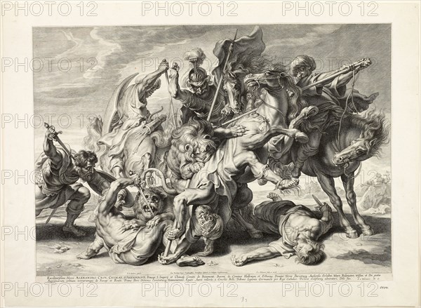 The Lion Hunt, 1621/29, Schelte Adamsz. Bolswert (Dutch, active in Flanders, c. 1586–1659), after Peter Paul Rubens (Flemish, 1577-1640), Flanders, Engraving in black on cream laid paper, tipped onto cream laid paper, 409 × 586 mm (image), 425 × 590 mm (primary support, trimmed within platemark), 496 × 680 mm (secondary support)