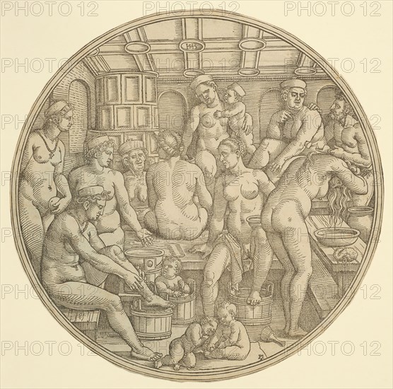 The Women’s Bath, 1530/40, Sebald Beham, German, 1500-1550, Germany, Woodcut in black, with touches of brush and black ink, on cream laid paper, 229 × 229 mm (image/block/sheet)