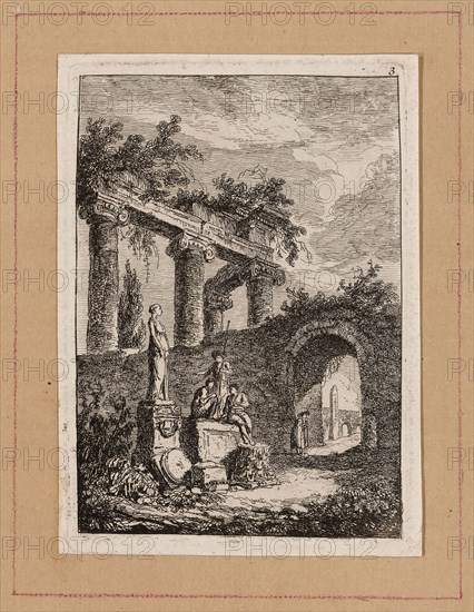 Plate Three from Evenings in Rome, 1763/64, Hubert Robert, French, 1733–1808, France, Etching in black on off-white laid paper, tipped onto tan laid paper, 123 × 90 mm (image), 135 × 95 mm (plate), 139 × 101 mm (primary support) 184 × 141 mm (secondary support)